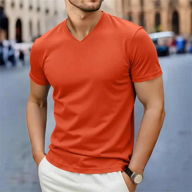 2025 New Men's Casual Fashion Simple V-neck Short Sleeved T-shirt Summer Comfortable Breathable Versatile Top NovaCart