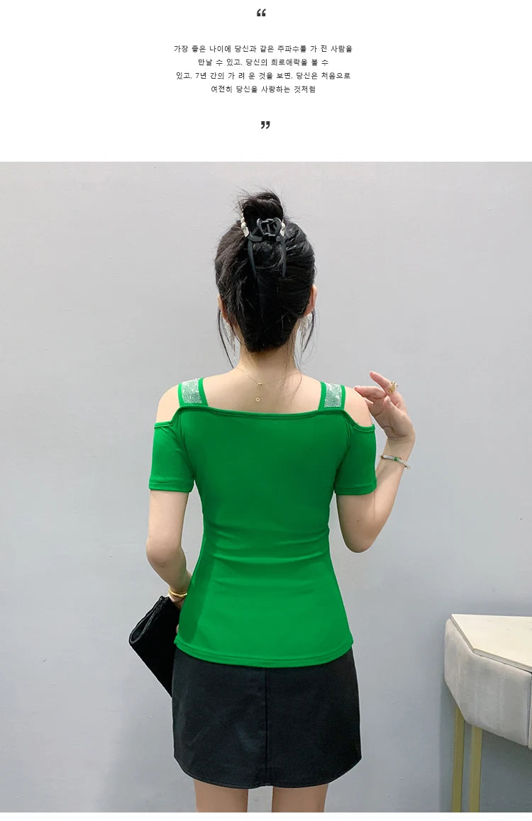 M-3XL Summer European Women's Clothes High Quality T-Shirt Luxury Hot Diamonds Design Slim Tees Sexy Girls Streetwear Tops NovaCart