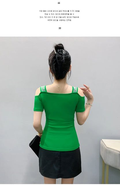 M-3XL Summer European Women's Clothes High Quality T-Shirt Luxury Hot Diamonds Design Slim Tees Sexy Girls Streetwear Tops NovaCart