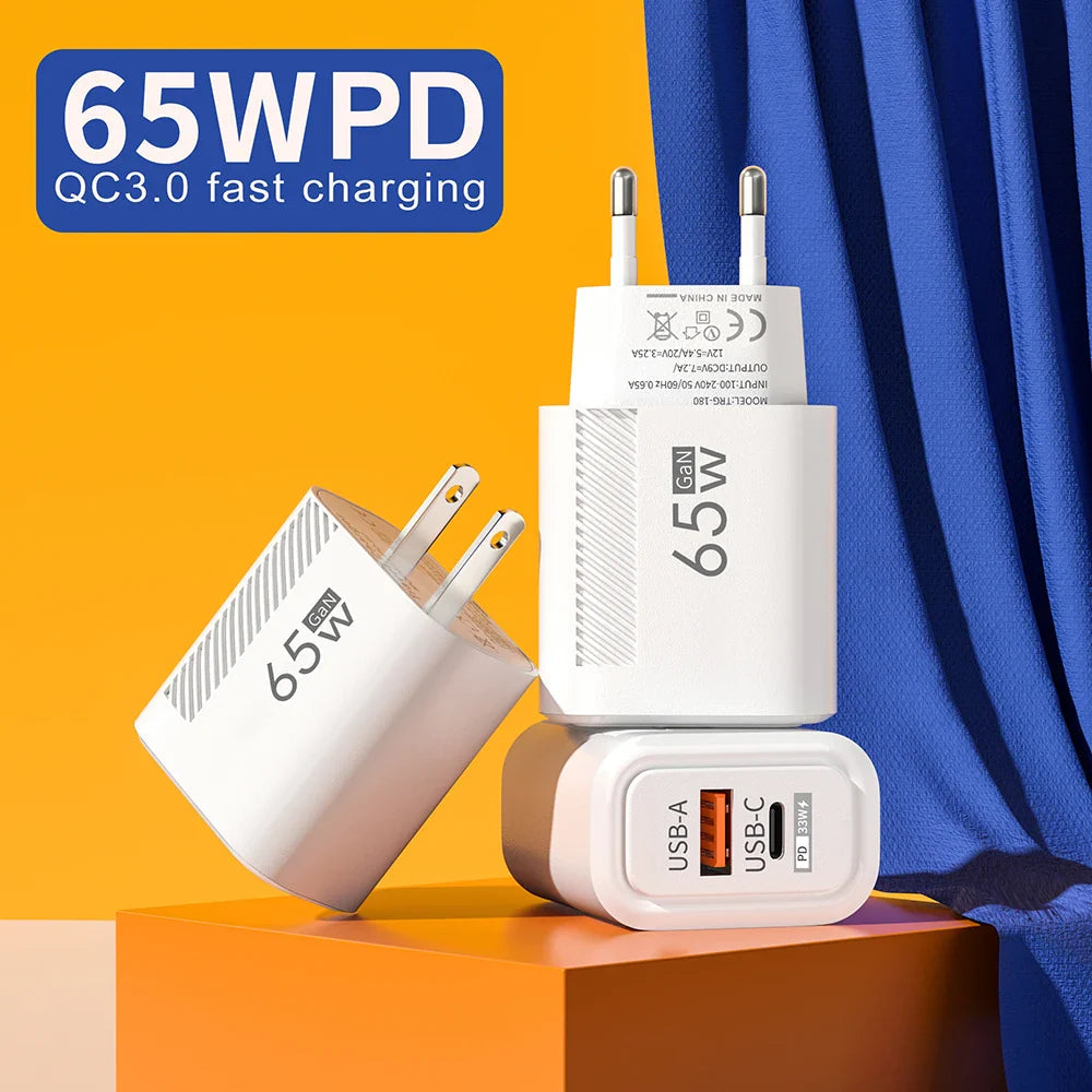 65W GaN Fast Charging USB Type C Charger US/EU Plug PD 3.0 Quick Charge Wall Charger For Phone Adapter For iPhone Huawei Samsung Pi-Mart