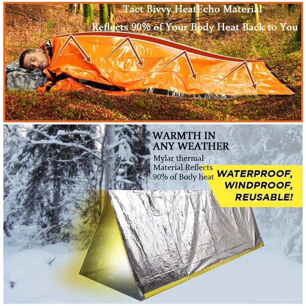 Portable Waterproof Emergency Survival Sleeping Bag Outdoor Edc Camping Gear Thermal Sack First Aid Rescue Kit Mylar Blanket Pi-Mart