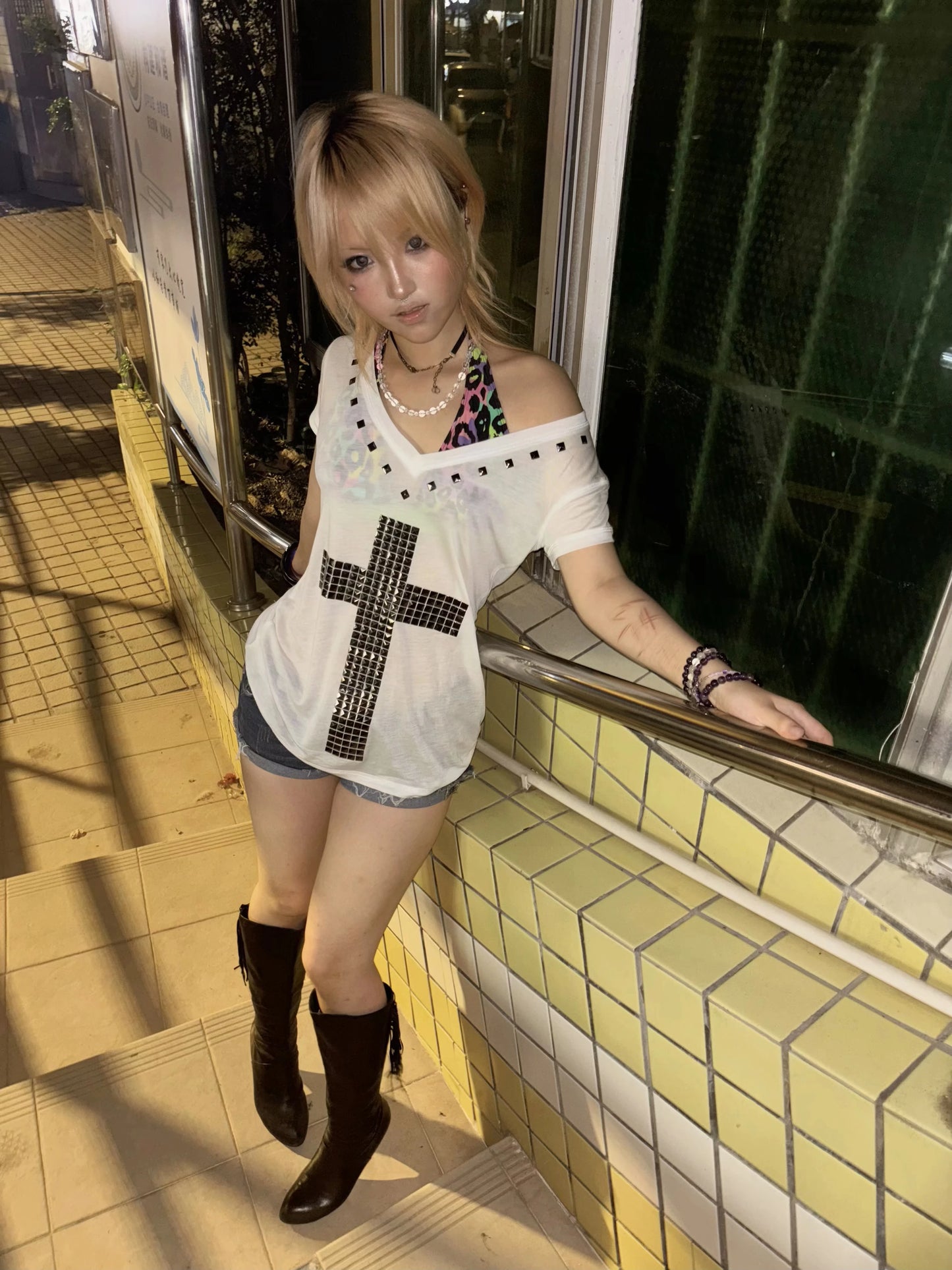 Karrram Japanese Y2k Metal Cross Print T-shirt Vintage Harajuku Short Sleeve Sheer Tops Trashy 2000s V-neck Streetwear Grunge NovaCart