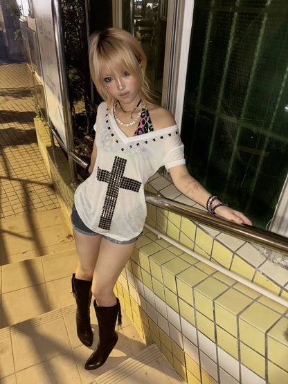 Karrram Japanese Y2k Metal Cross Print T-shirt Vintage Harajuku Short Sleeve Sheer Tops Trashy 2000s V-neck Streetwear Grunge NovaCart