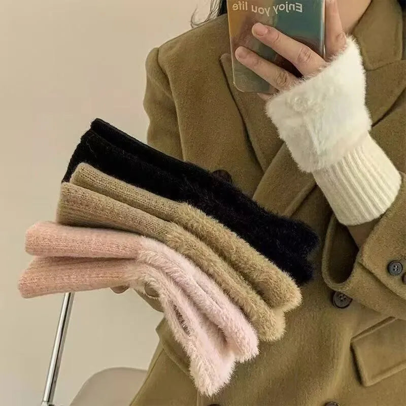 Women's Warm Plush Half-Finger Gloves for Autumn Winter Multi-Functional Cute Office Wear Cold-Resistant Fingerless Mittens Pi-Mart