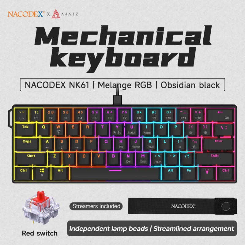 AJAZZ NK61 Wired Gaming Mechanical Keyboard 60% RGB Hot-Swappable 61 Keys Red Switch Mini Keyboard for Gamer PC Pi-Mart