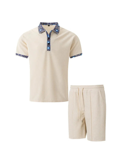 2025 Men Europe and the United States new summer Waffle solid color zip-up lapel short-sleeve suit shorts two sets NovaCart