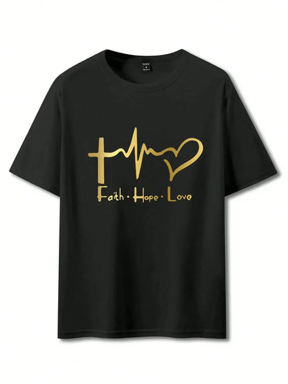 Men's Summer 100% Cotton Fashionable Casual Loose Large Size FAITH HOPE LOVE Printed Sports Round Neck Short Sleeve T-shirt Top NovaCart