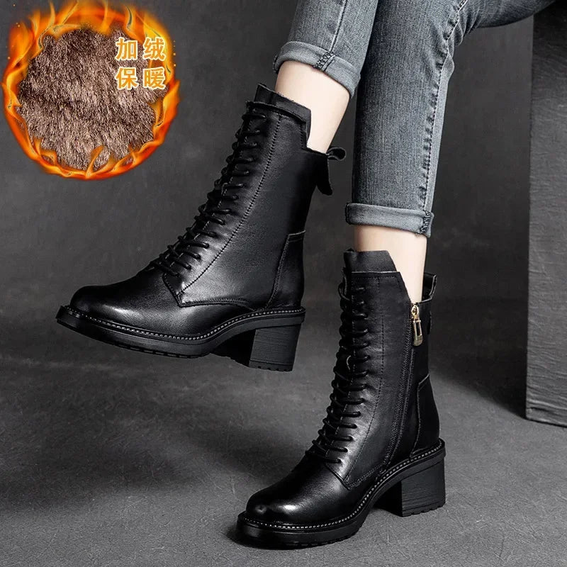 Birkuir Winter Plush Warm Boots Genuine Leather Women Snow Boots 6cm Thick Heel Shoes Handmade Side Zip Leisure Platform Boots NovaCart
