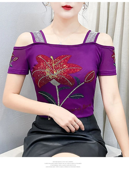 Women's Clothes New Design Sexy Off Shoulder Shiny Diamonds T-Shirts Luxury Brand Mesh Tees Tops Blouse Shirt NovaCart