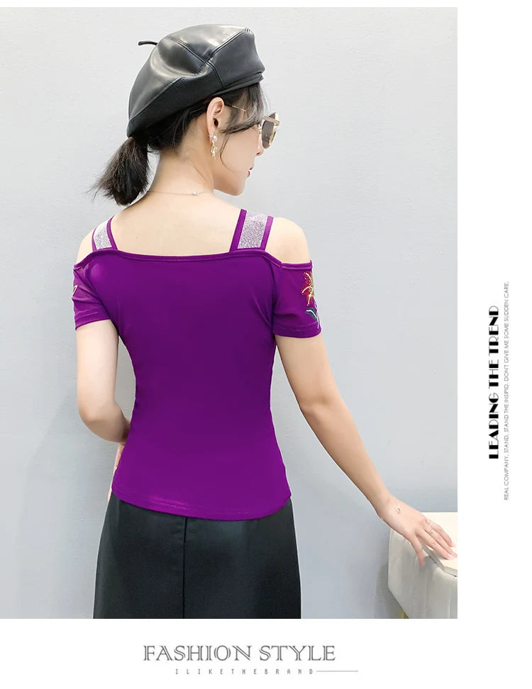 Women's Clothes New Design Sexy Off Shoulder Shiny Diamonds T-Shirts Luxury Brand Mesh Tees Tops Blouse Shirt NovaCart