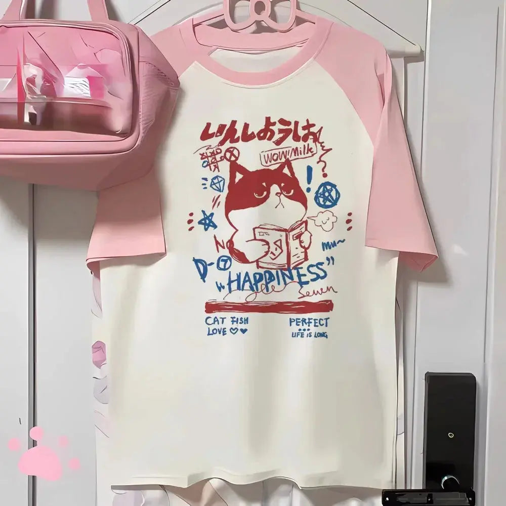 Aesthetics Japanese Grunge T-shirt Y2k Harajuku Anime Cartoon Cat Tops Tees Short Sleeve Women Kawaii Clothing Streetwear NovaCart