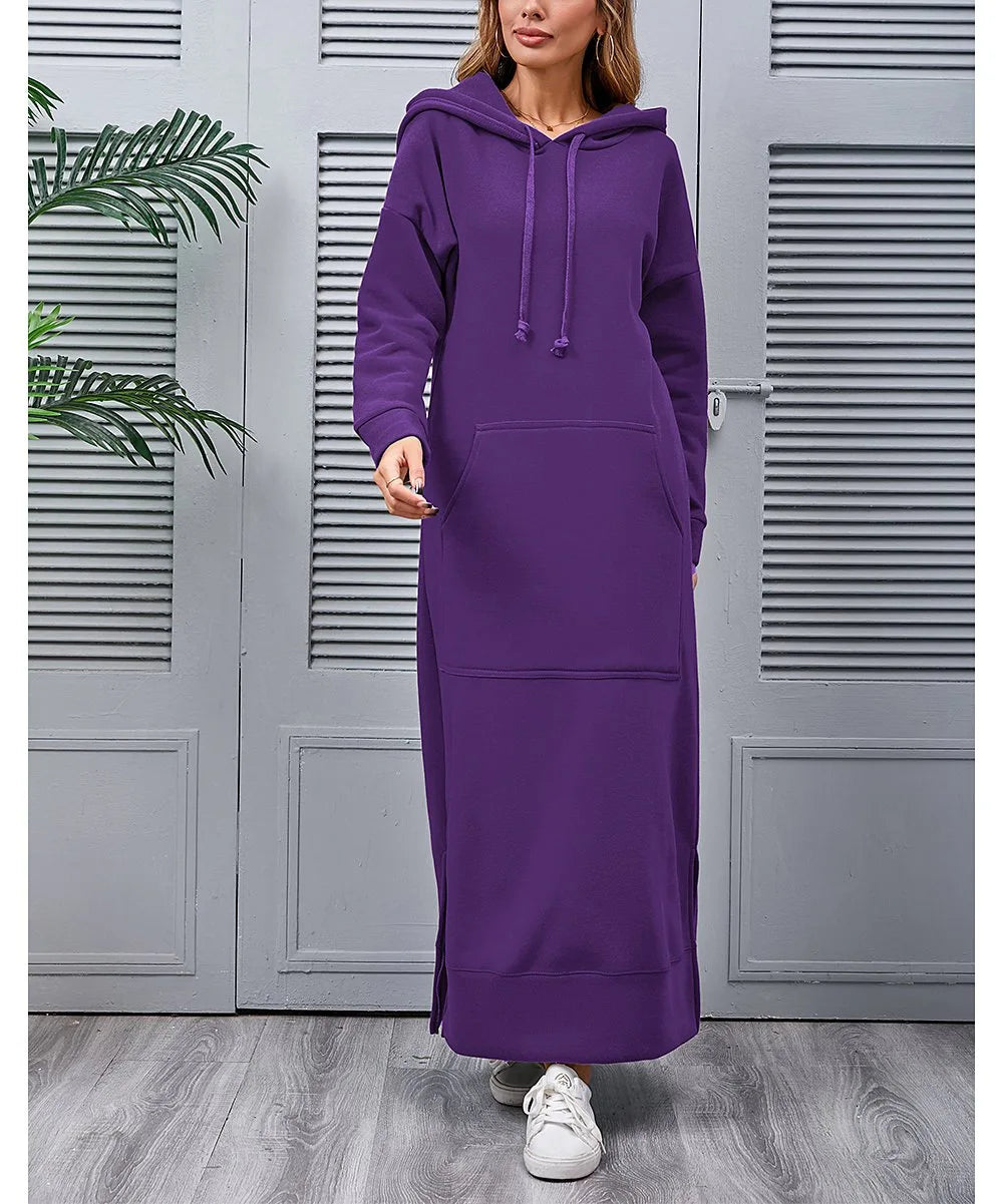 Hoodies Dress For Women Fashion 2025 Hem Lace-up Midi Robe Hooded Long Dress Autumn Winter Warm Casual Loose Sweatshirt Vestidos NovaCart
