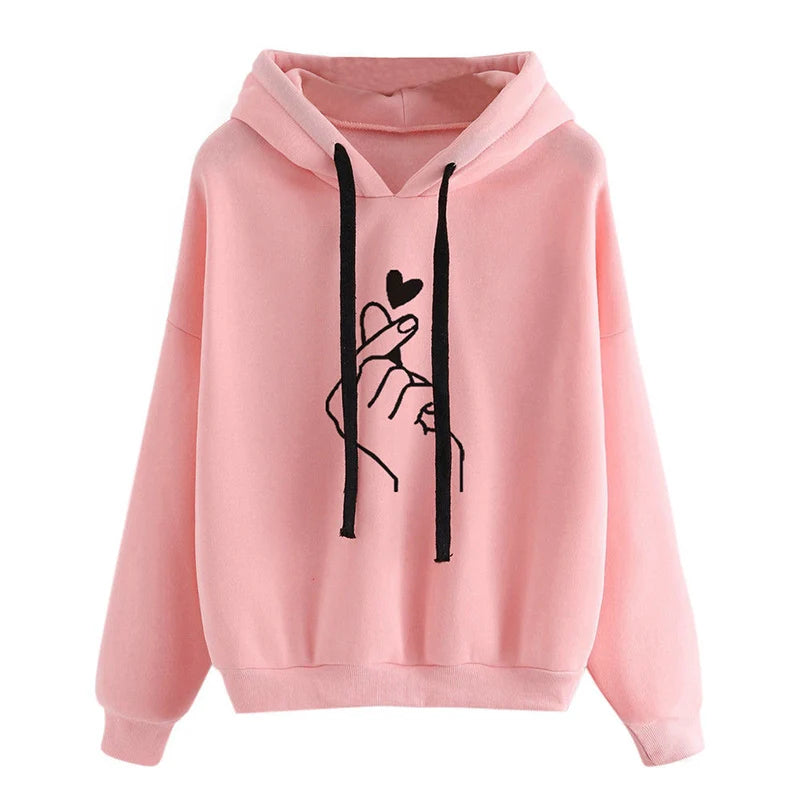 Autumn Fleece Hoodie Solid Color Finger Heart Hooded Korean Fashion Sweatshirts Long Sleeve Top Drawstring Pockets Loose Hoodies NovaCart
