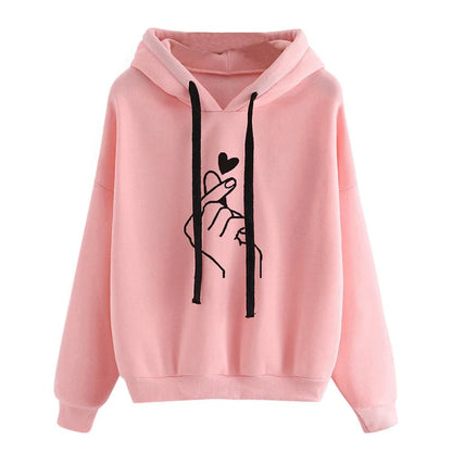 Autumn Fleece Hoodie Solid Color Finger Heart Hooded Korean Fashion Sweatshirts Long Sleeve Top Drawstring Pockets Loose Hoodies NovaCart