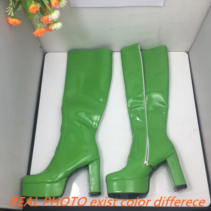 SIMLOVEYO Platform Knee High Boots Toe Block Heels Rubber Size 34-43 Black White Blue S2729 NovaCart
