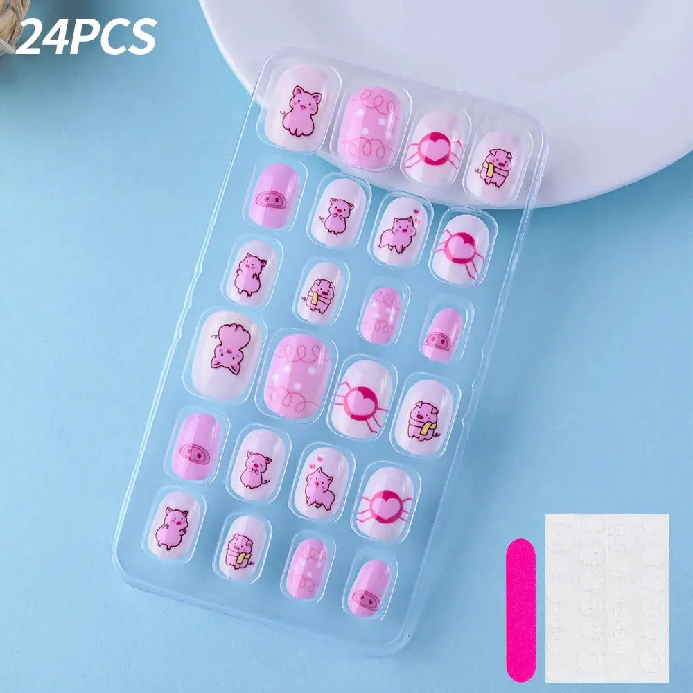 24Pcs/box Kids nails for Girl Cartoon Pattern False Nail Cute Child Fake Nails Tips Kawaii Acrylic Artificial Press on Nail+Tool NovaCart