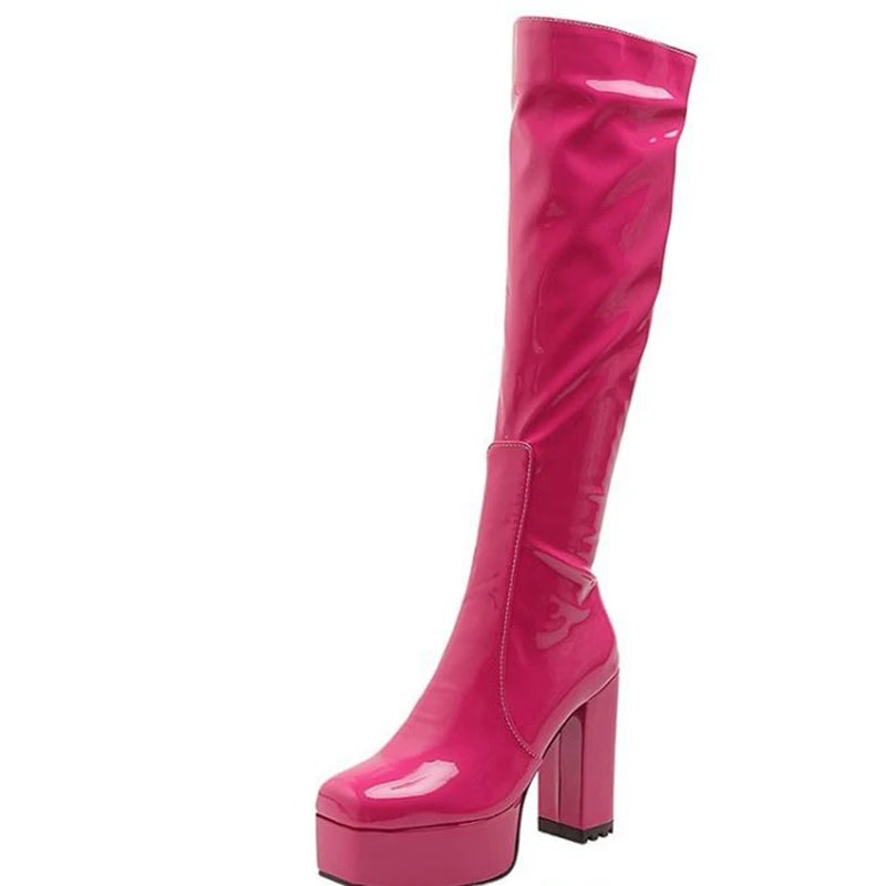 SIMLOVEYO Platform Knee High Boots Toe Block Heels Rubber Size 34-43 Black White Blue S2729 NovaCart