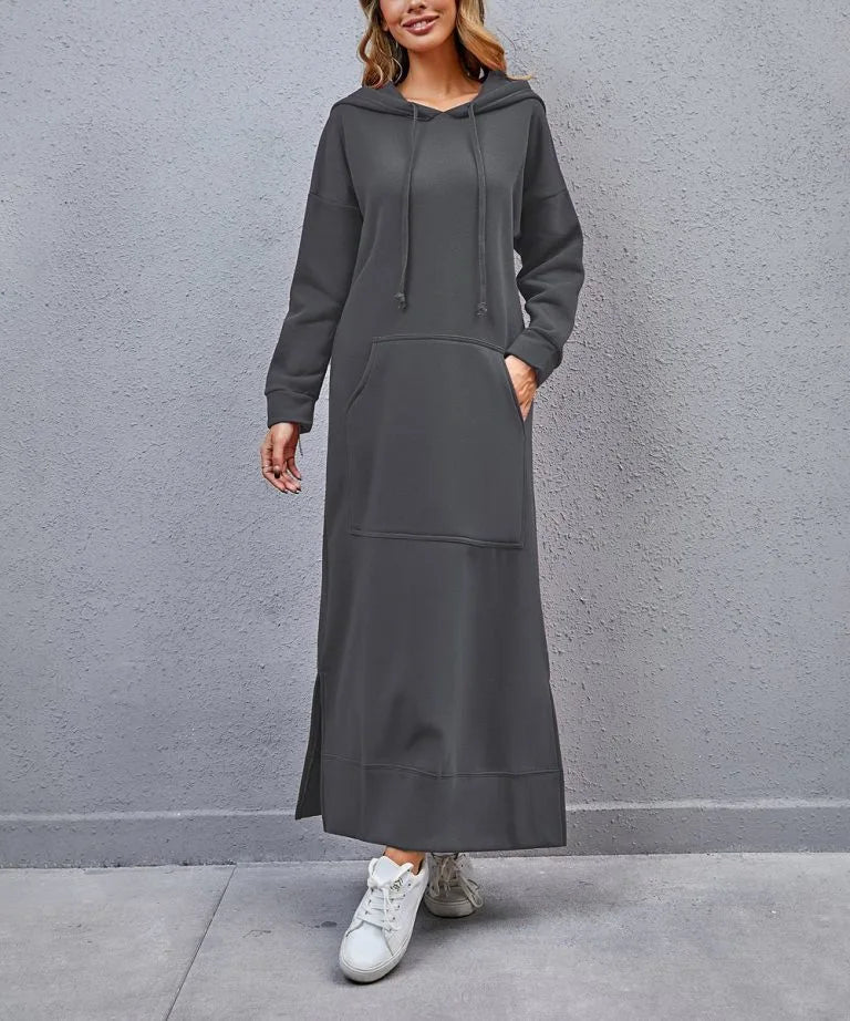 Hoodies Dress For Women Fashion 2025 Hem Lace-up Midi Robe Hooded Long Dress Autumn Winter Warm Casual Loose Sweatshirt Vestidos NovaCart