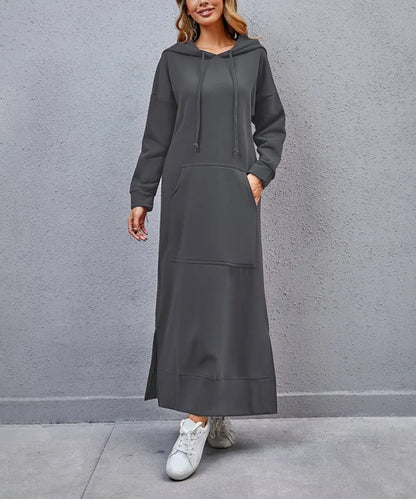 Hoodies Dress For Women Fashion 2025 Hem Lace-up Midi Robe Hooded Long Dress Autumn Winter Warm Casual Loose Sweatshirt Vestidos NovaCart