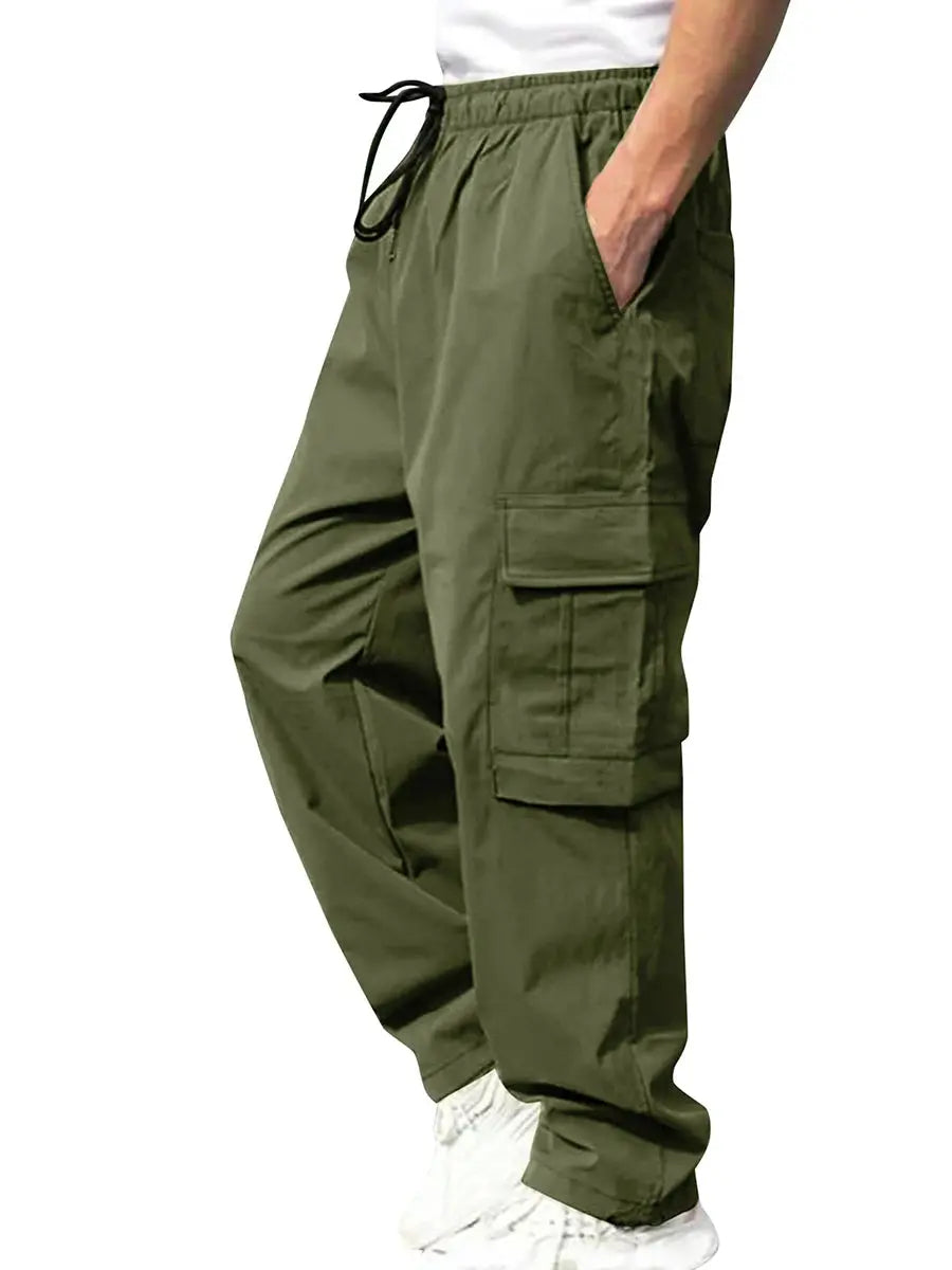 Men s Loose Cargo Long Pants Solid Color Drawstring Waist Straight Leg Trousers Casual Work Pants with Pockets NovaCart