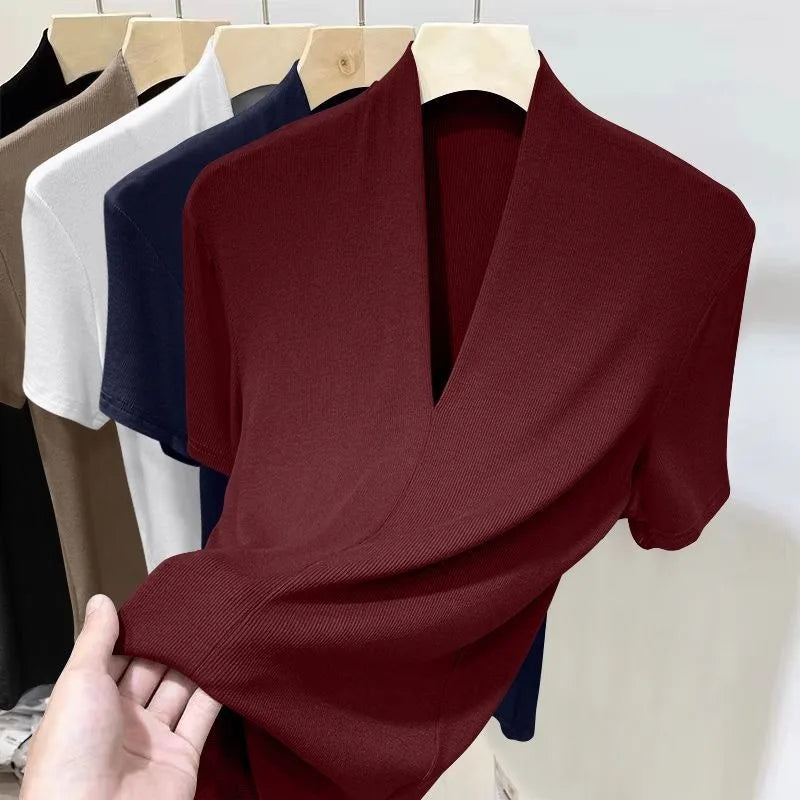 Threaded New Short Sleeved Top for Women Summer Fashion Versatile Base Shirt Plus Size Slim Fit V-neck T-shirt Casual and Sexy NovaCart