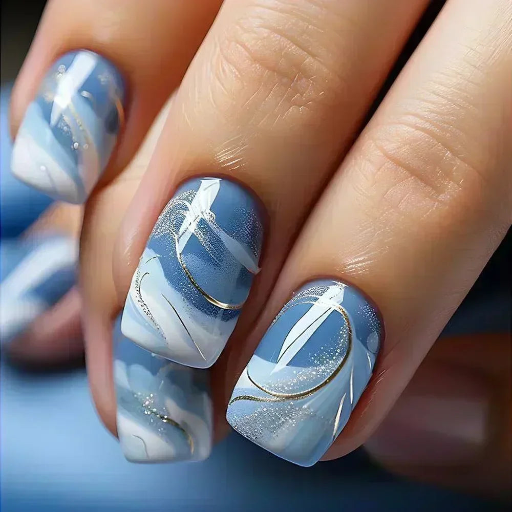 24Pcs Short Square Coffin False Nails Square Fake Nails with Glue French Glitter Wearable Acrylic Nails Set Press on Nail Tips NovaCart