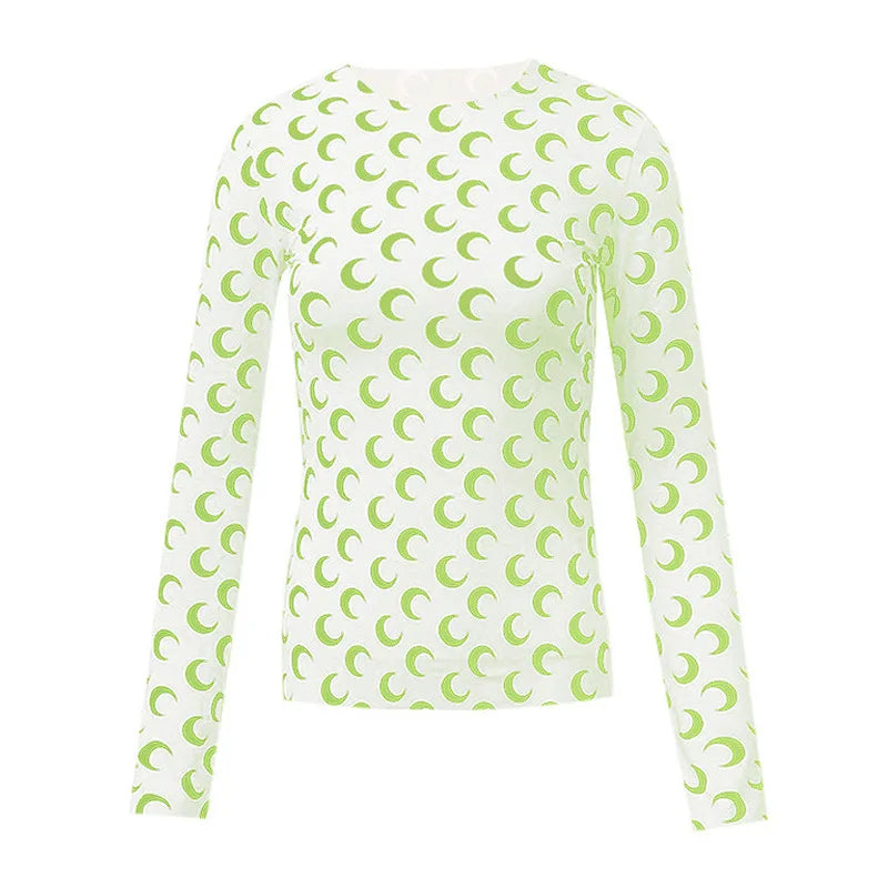 Woman Clothes Korean Moon Print Long Sleeve T-Shirt Fashion Casual Layered Sun Protection Top Ice Silk Basic Tee Spring Autumn NovaCart