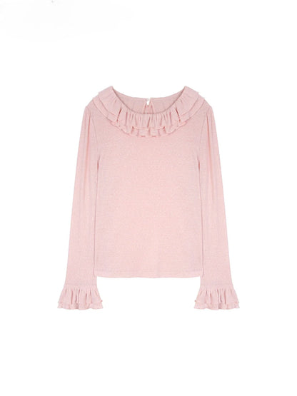 Solid Color Long Sleeve Sweet Double Layer Ruffles Crew Neck Knitted Sweater