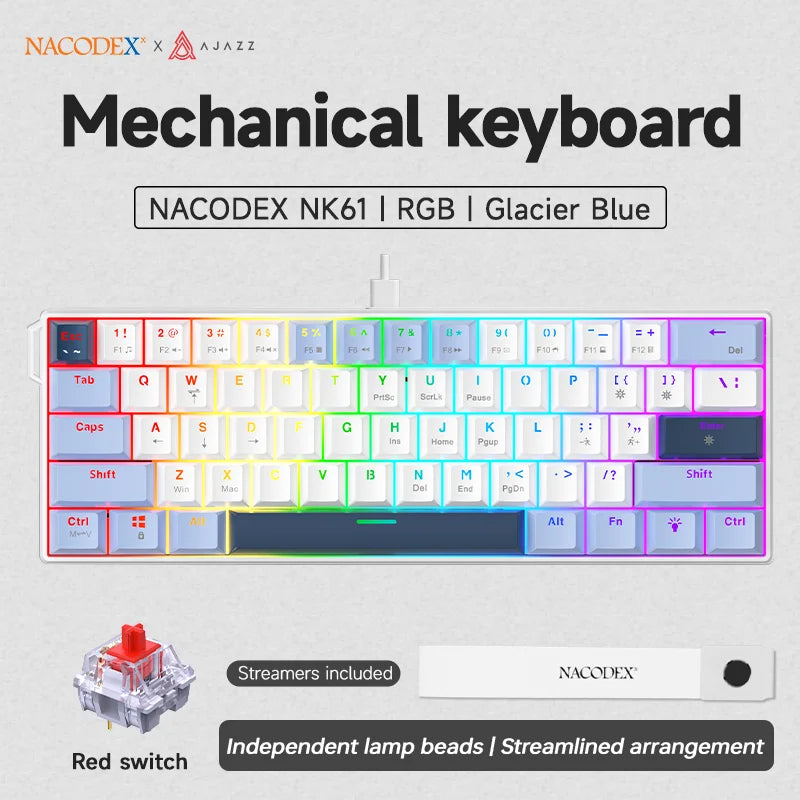 AJAZZ NK61 Wired Gaming Mechanical Keyboard 60% RGB Hot-Swappable 61 Keys Red Switch Mini Keyboard for Gamer PC Pi-Mart