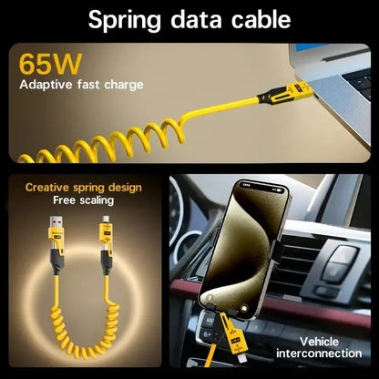 4 in 1 65W Spring Short Data Cable 6A USB Type C Spring Telescopic Quick Charger Wire Spring USB Cable for iPhone 15 14 13 12 Pi-Mart