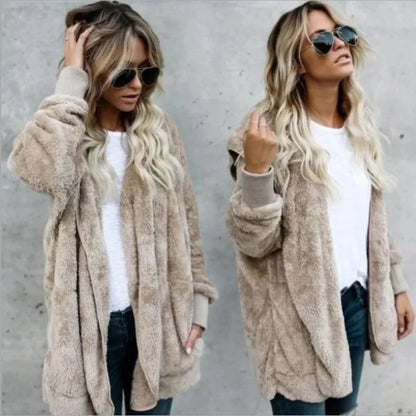 Double Fleece Plush Hooded Cardigan Jacket Women FitiqueFit