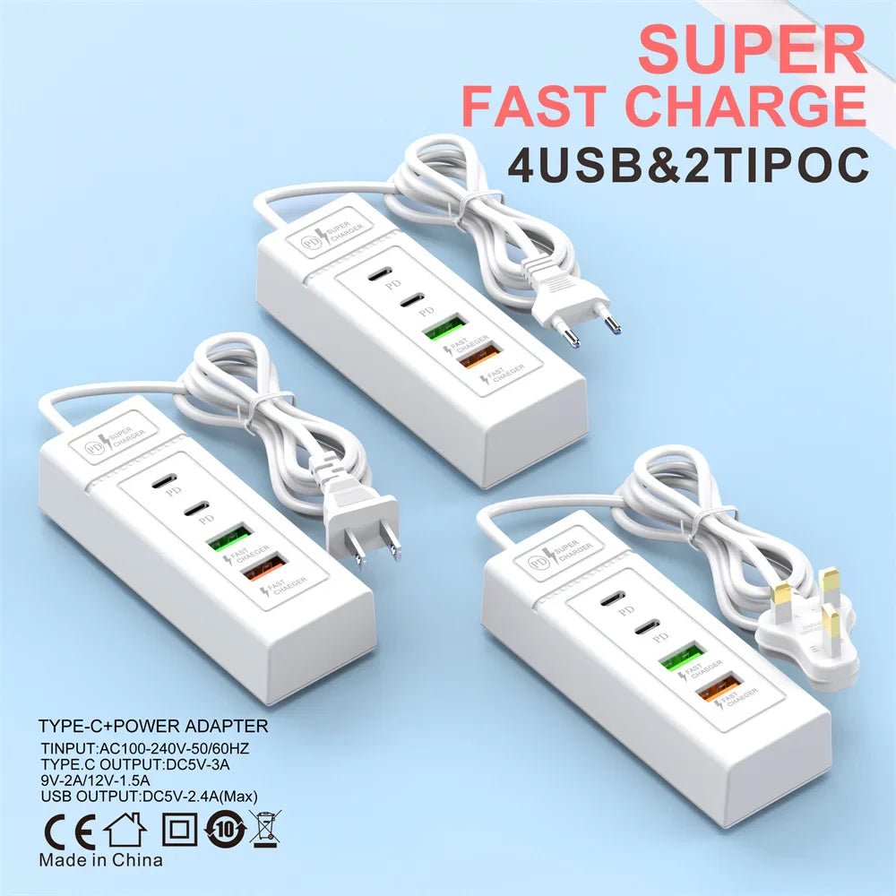Multi Ports USB C Charger Power Strip PD Type C Fast Charging Wall Charger Socket Quick Charge 3.0 EU/US/UK Plug Power Adapter Pi-Mart