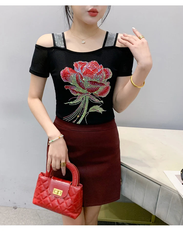 M-3XL Summer European Women's Clothes High Quality T-Shirt Luxury Hot Diamonds Design Slim Tees Sexy Girls Streetwear Tops NovaCart