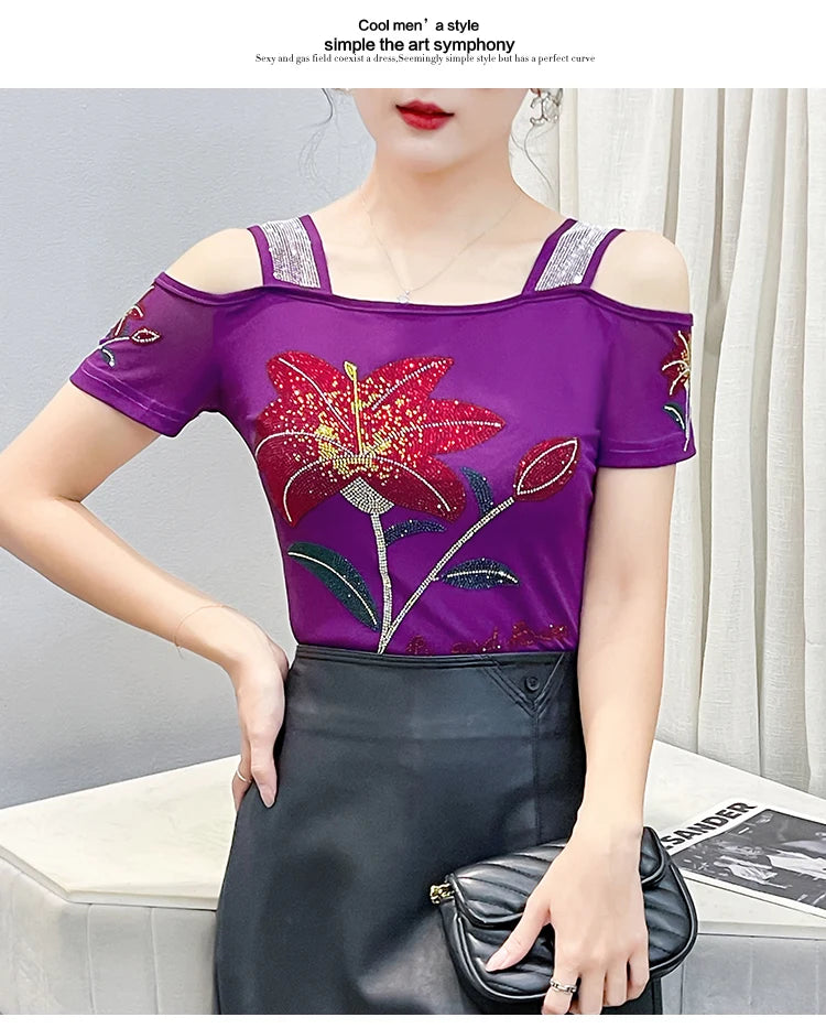 Women's Clothes New Design Sexy Off Shoulder Shiny Diamonds T-Shirts Luxury Brand Mesh Tees Tops Blouse Shirt NovaCart