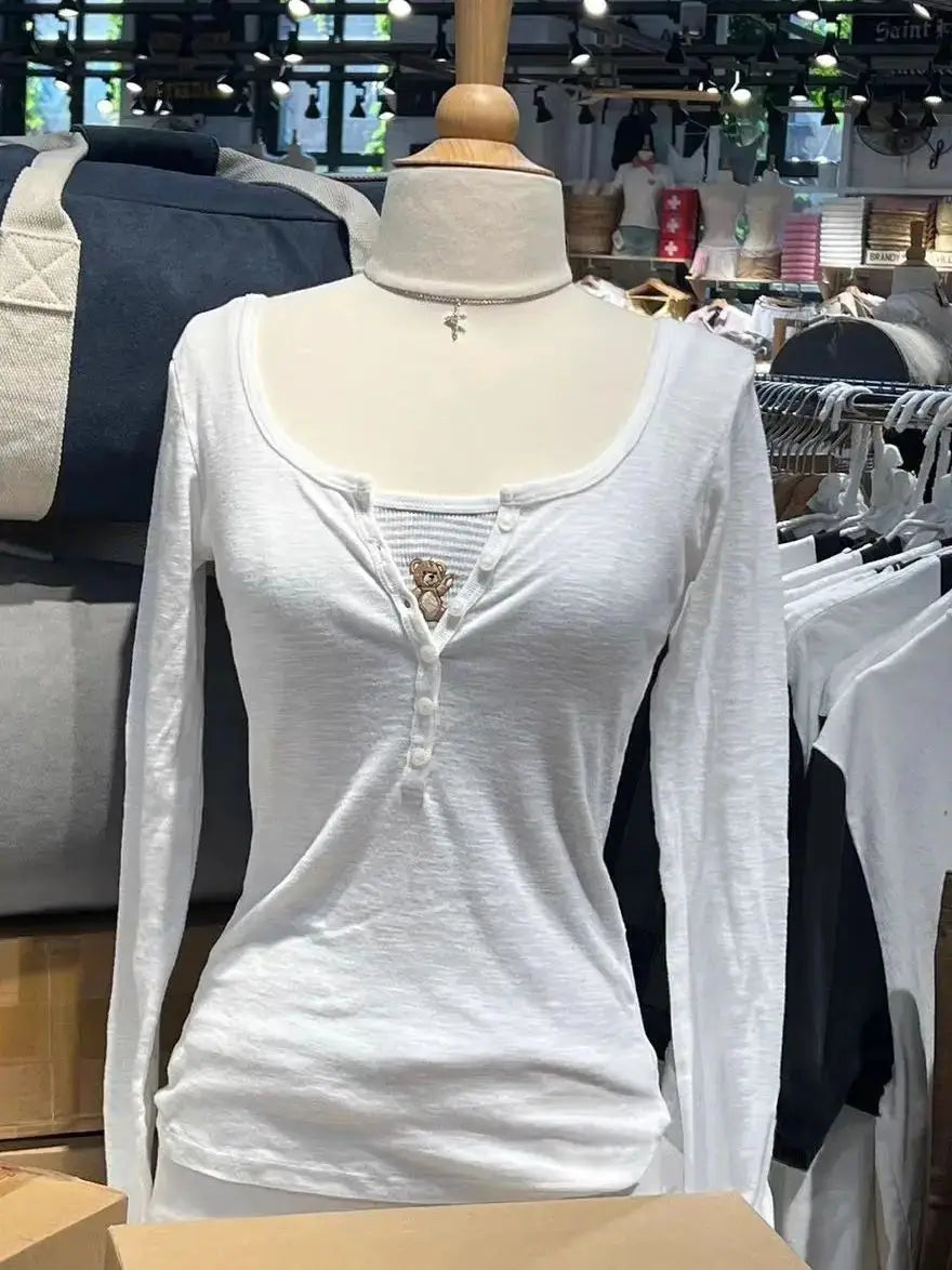 Six Buttons Ribbed Long Sleeve T-shirts Women Spring Round Neck Cotton Slim Tee Top Female Sweet Cute Pink Tshirt Y2k Tops New NovaCart