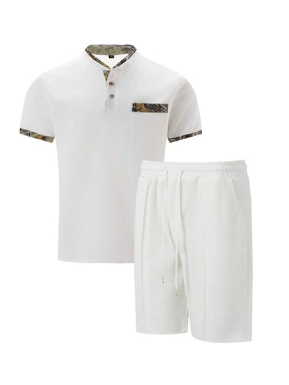 2025 Men Europe and the United States new summer Waffle solid color zip-up lapel short-sleeve suit shorts two sets NovaCart