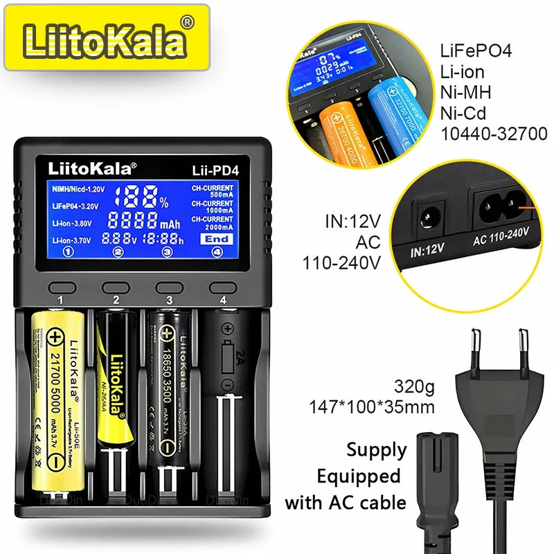 LiitoKala Lii-PD4/PD2 AC PD Charger LCD Fast Charging 4/2-Bay for 21700/18650/AA/AAA Multi-Protection Auto-Detect Pi-Mart