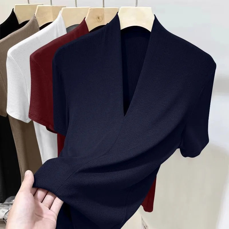 Threaded New Short Sleeved Top for Women Summer Fashion Versatile Base Shirt Plus Size Slim Fit V-neck T-shirt Casual and Sexy NovaCart