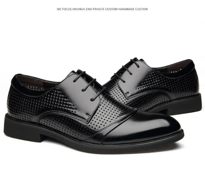Flat / 6CM Genuine Leather Men Formal Elevator Shoes Wedding Business Height Increase Lift Shoes Invisible Summer Hollow Wedding NovaCart