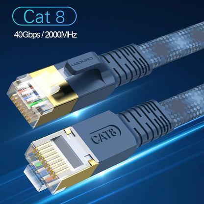 CAT 8 Flat Network Internet Cable 40Gbps 2000MHz Round RJ45 Nylon Braided LAN Cable Patch Cord for Modem Router PC PS4/5/6 Xbox Pi-Mart