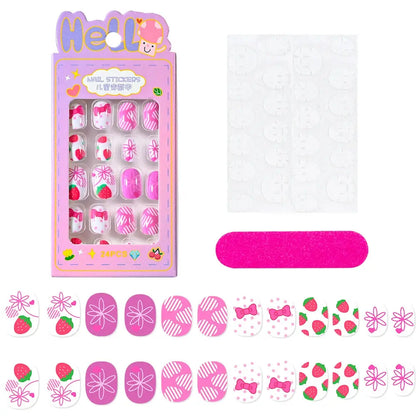 24Pcs/box Kids nails for Girl Cartoon Pattern False Nail Cute Child Fake Nails Tips Kawaii Acrylic Artificial Press on Nail+Tool NovaCart