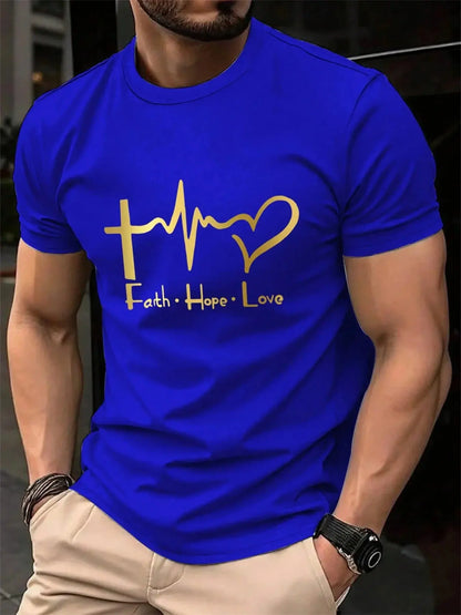 Men's Summer 100% Cotton Fashionable Casual Loose Large Size FAITH HOPE LOVE Printed Sports Round Neck Short Sleeve T-shirt Top NovaCart