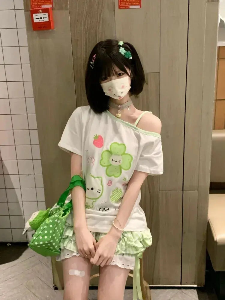 Ezgaga Harajuku T Shirts Women Cartoon Sweet Diagonal Collar Short Sleeve Off Shoulder Funny Tops Female Y2k Ladies Tshirts NovaCart