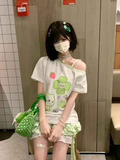 Ezgaga Harajuku T Shirts Women Cartoon Sweet Diagonal Collar Short Sleeve Off Shoulder Funny Tops Female Y2k Ladies Tshirts NovaCart