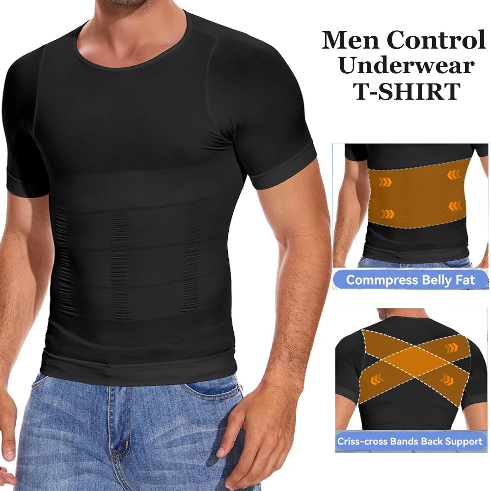 Men's Short Sleeve Compression T-Shirt V-neck Shapewear Tummy Control Flat Belly Tank Top Fitness Workout Slimming Body Shaper NovaCart
