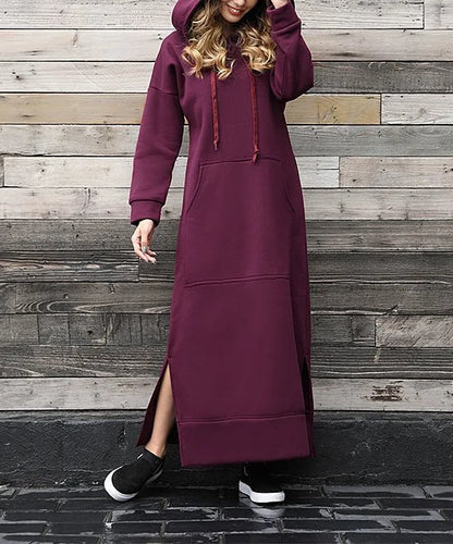 Hoodies Dress For Women Fashion 2025 Hem Lace-up Midi Robe Hooded Long Dress Autumn Winter Warm Casual Loose Sweatshirt Vestidos NovaCart