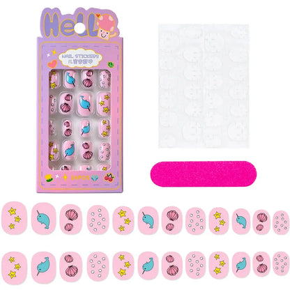 24Pcs/box Kids nails for Girl Cartoon Pattern False Nail Cute Child Fake Nails Tips Kawaii Acrylic Artificial Press on Nail+Tool NovaCart