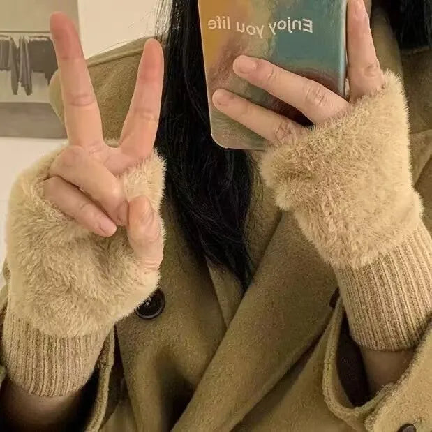 Women's Warm Plush Half-Finger Gloves for Autumn Winter Multi-Functional Cute Office Wear Cold-Resistant Fingerless Mittens Pi-Mart