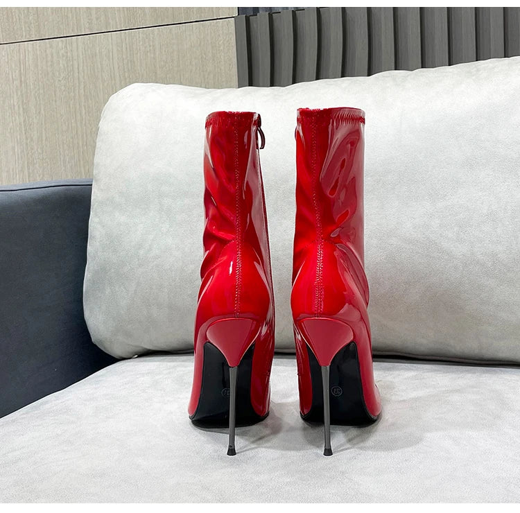 Knee-High Pointy Toe Women Boots 13cm Ultra Thin Steel High Heels Metal Heel Patent Leather Wide Calf Boots for Women Plus Size NovaCart