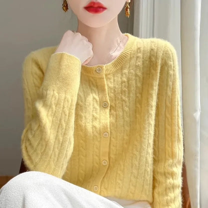 Long Sleeve Knitted O-neck Basic Thick Warm Cardigan
